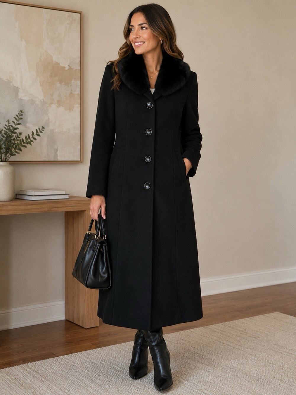1 Madison Luxe Black Wool Outerwear Long Coat Fox Fur Trim Women's Size 8